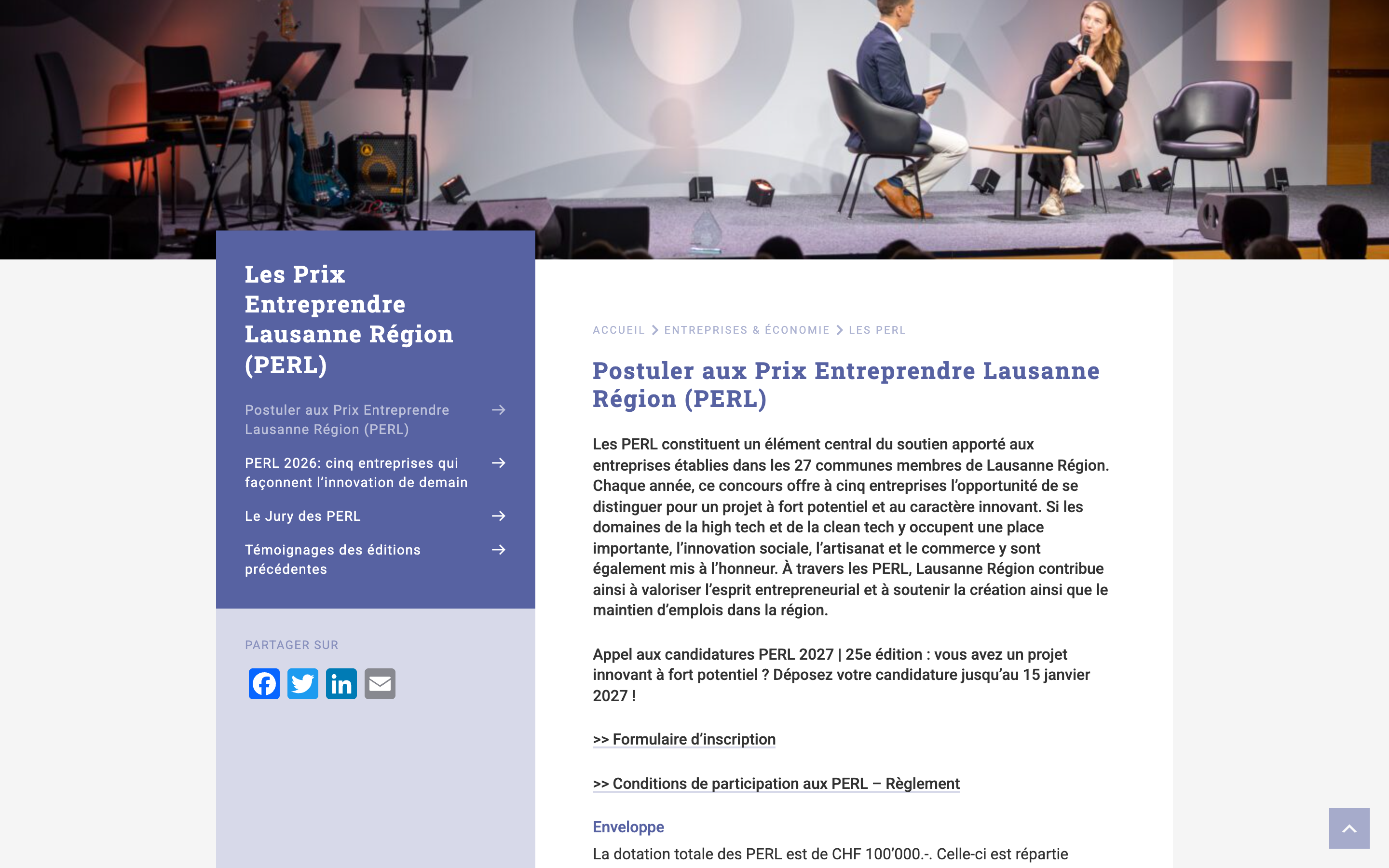 Page des Prix PERL sur le site de Lausanne Région